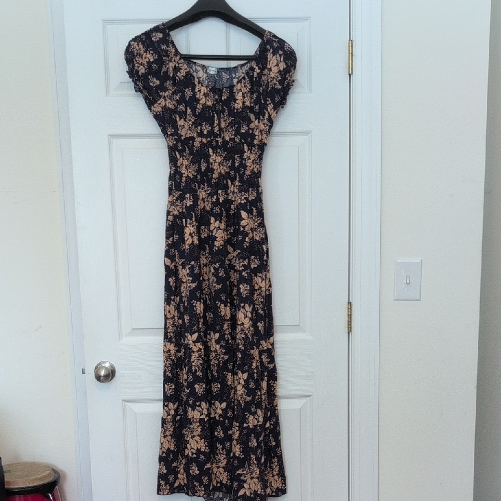 Navy and Beige Floral Maxi Dress